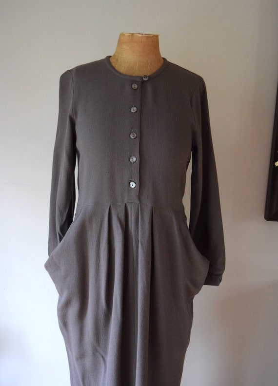 Vintage 90s Joyce Ridings Wool Crepe Midi Dress. Small, Medium. Grey Crepe. Midi, Sculptural, Minimal.