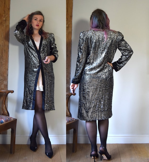 Lanvin, 80s Lanvin Coat Dress. Scaled Metallic Velvet. Medium. Cover up / Layering Piece