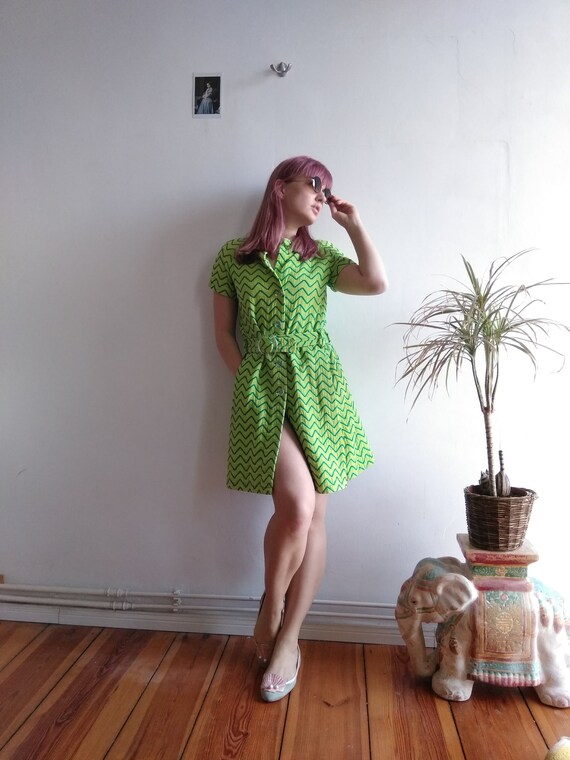60s Nina Ricci Cotton Towel Dress. Medium. Lime gr
