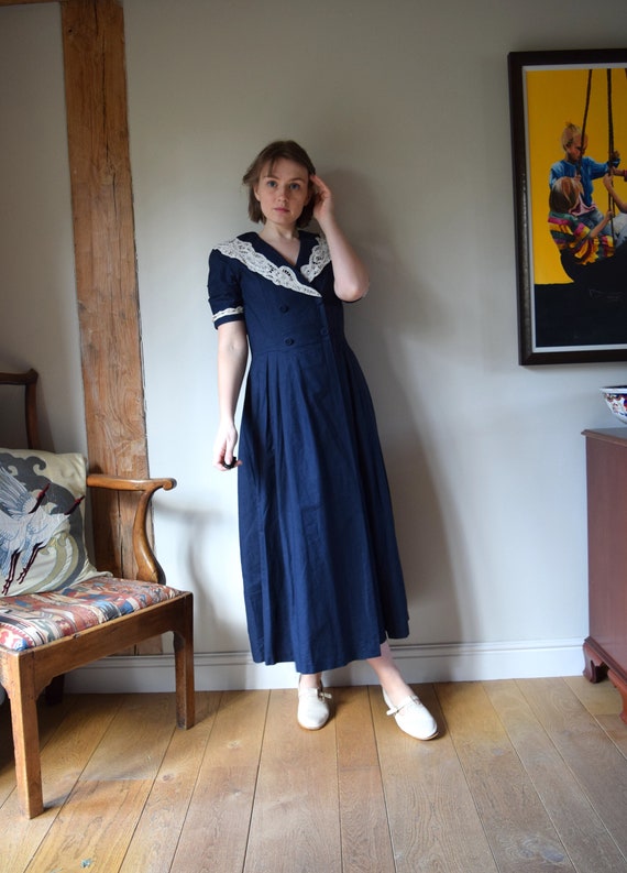 80s Laura Ashley Sailor Collar Linen Dress. UK 12… - image 4