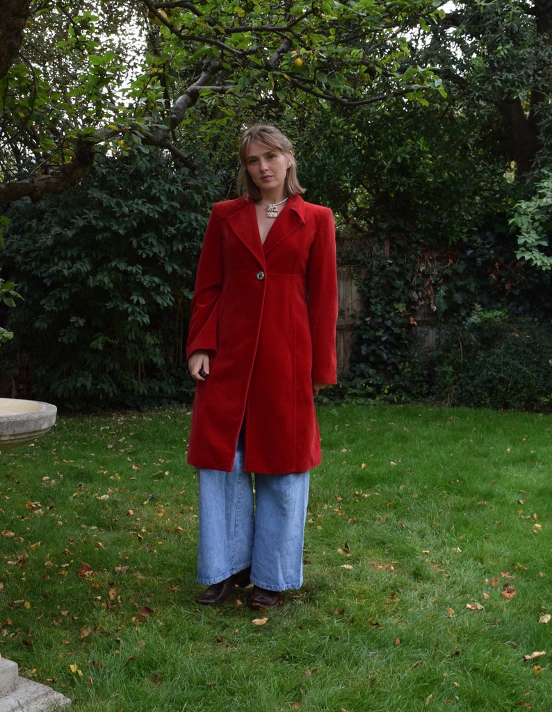 90s Valentino Jeans Red Velvet Coat. IT 44. Cotton, Flared, Empire Waist image 1