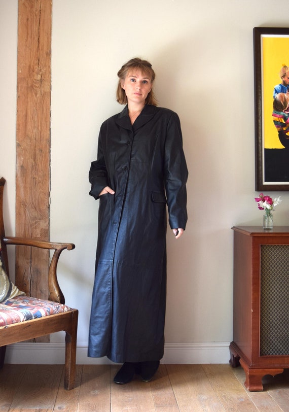 90s Black Leather Maxi Coat. Uk 16 / Eur 42. Capelle, Trenchcoat 