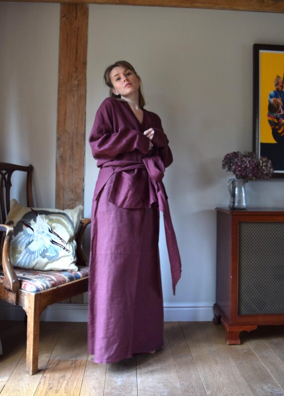 90s Joyce Ridings Linen Two Piece Set. UK 12. Burgundy, Wrap, Batwing Sleeve 90s Joyce Ridings Linen Two Piece Set. UK 12. Burgundy, Wrap, Batwing Sleeve