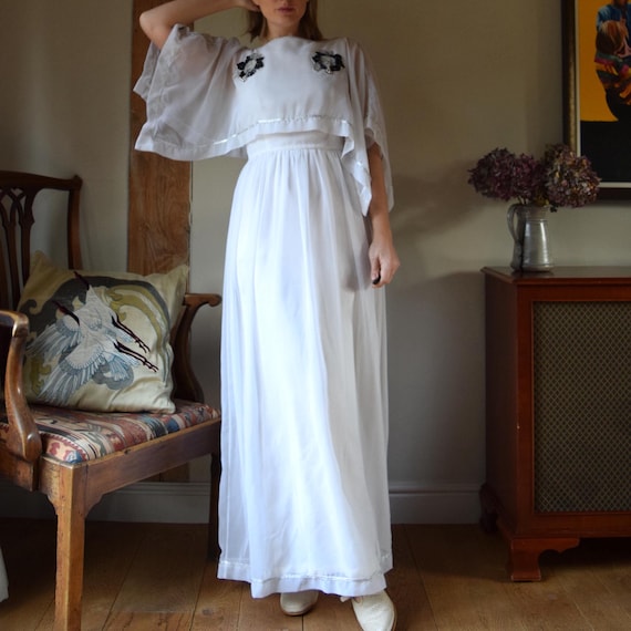 70s Jean Varon White Cape Dress. 27" Waist. Maxi, Silver Embroidery, Sheer Layers