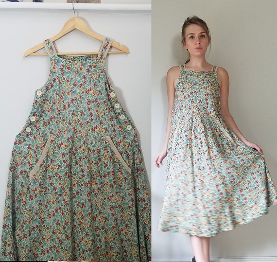 Vintage 40s Corduroy Trim Pinafore Dress. Small -