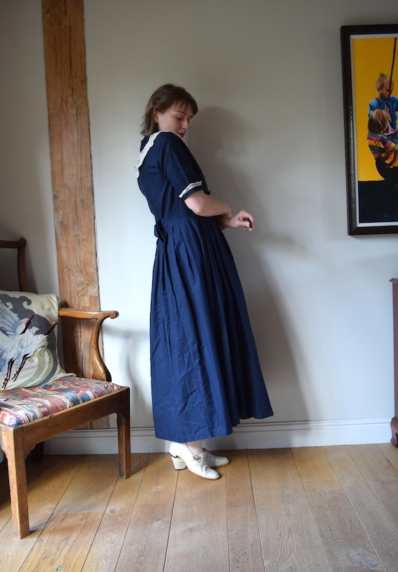 80s Laura Ashley Sailor Collar Linen Dress. UK 12… - image 2