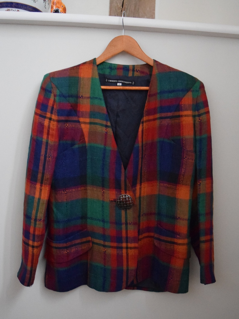 90s Umberto Ginocchietti Tartan Blazer. Size 42 / Medium. Linen image 4