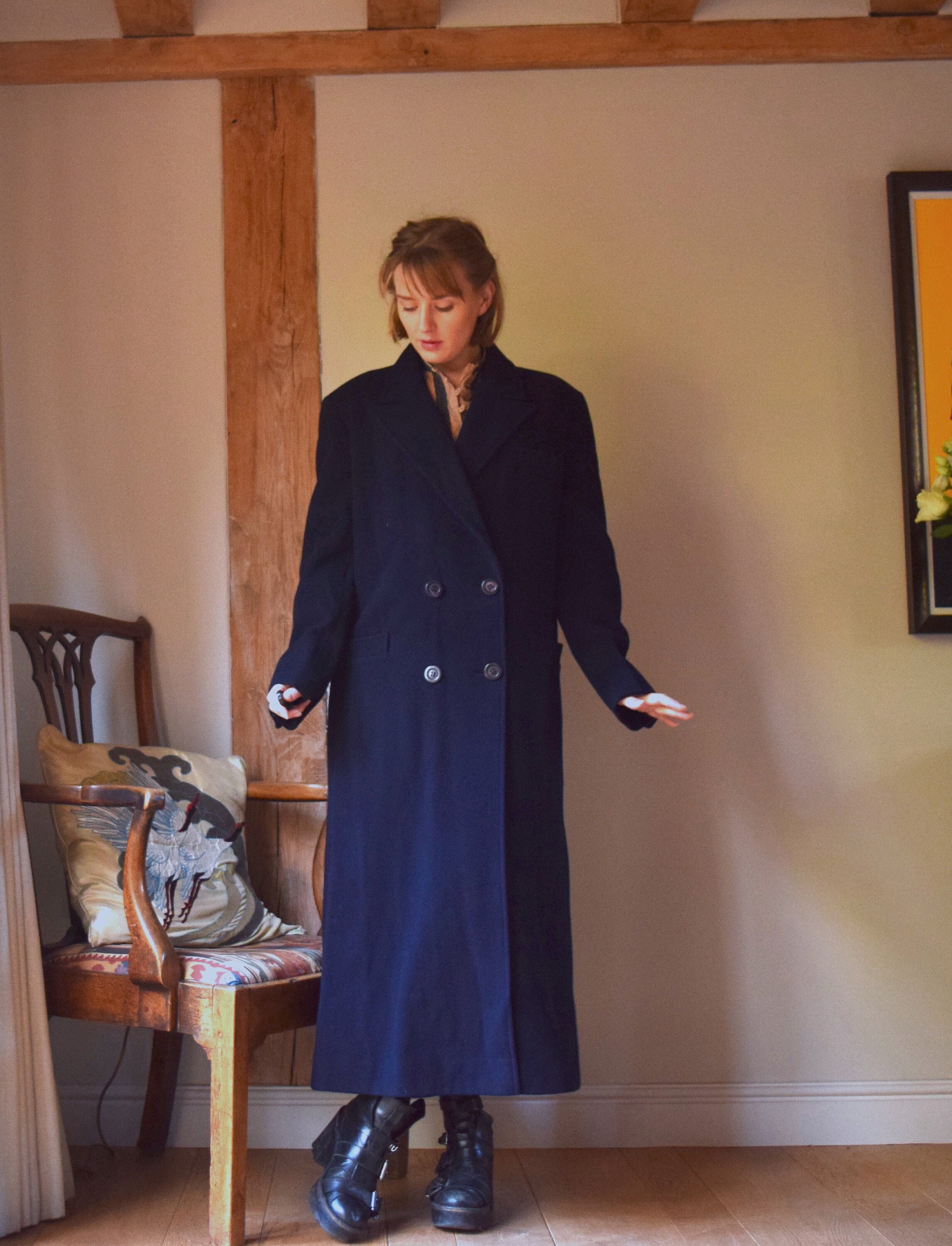 80s Laura Ashley Cashmere Mix Navy Coat. Size 14. Maxi, Double
