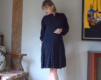 Jean Muir Navy Ditsy Print Dress. UK 12. Bias Cut, Flippy Skirt. AS SEEN