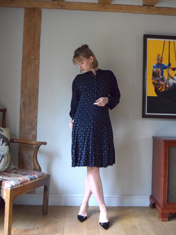 Jean Muir Navy Ditsy Print Dress. UK 12. Bias Cut, Flippy Skirt. AS SEEN