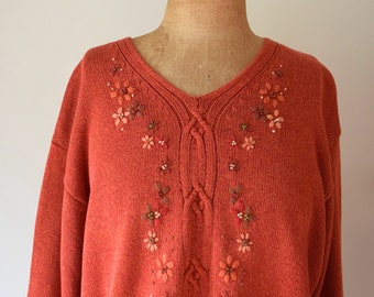 90s Embroidered Pure Cotton Jumper. Size L. Pure Cotton. Cable Knit, V-Neck, Flowers