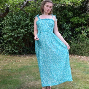 70s Green Cotton Maxi Dress. Extra Small / 24 Waist. Floral, Feminette Models image 2