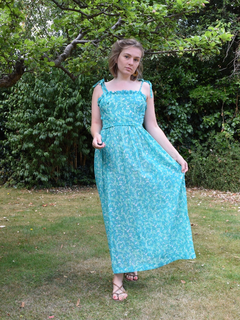 70s Green Cotton Maxi Dress. Extra Small / 24 Waist. Floral, Feminette Models image 2