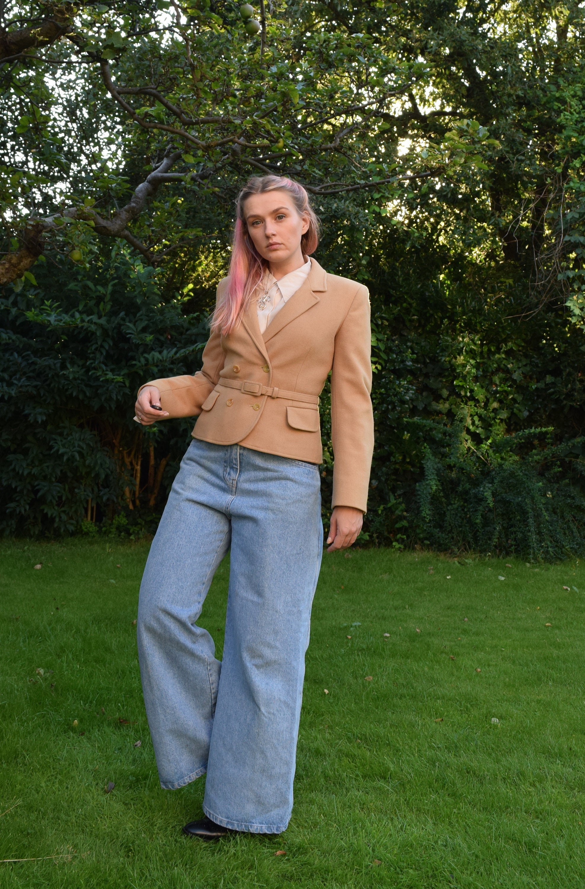 Jaeger Camel Double Breasted Tailored Belted Wool Jacket