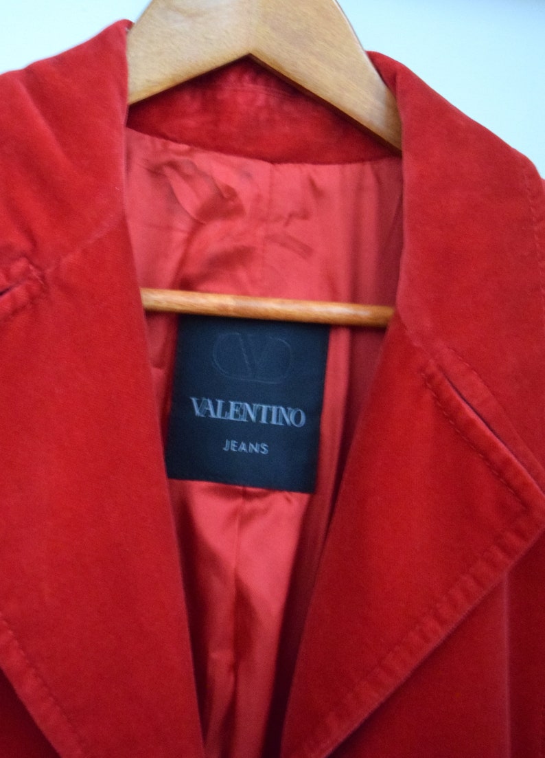 90s Valentino Jeans Red Velvet Coat. IT 44. Cotton, Flared, Empire Waist image 7