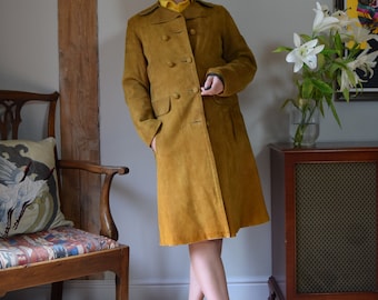 60s Ultra Soft Suede Coat. Large / 40" Chest. Double Breasted, Turkish. Yellow, Brown, Mustard