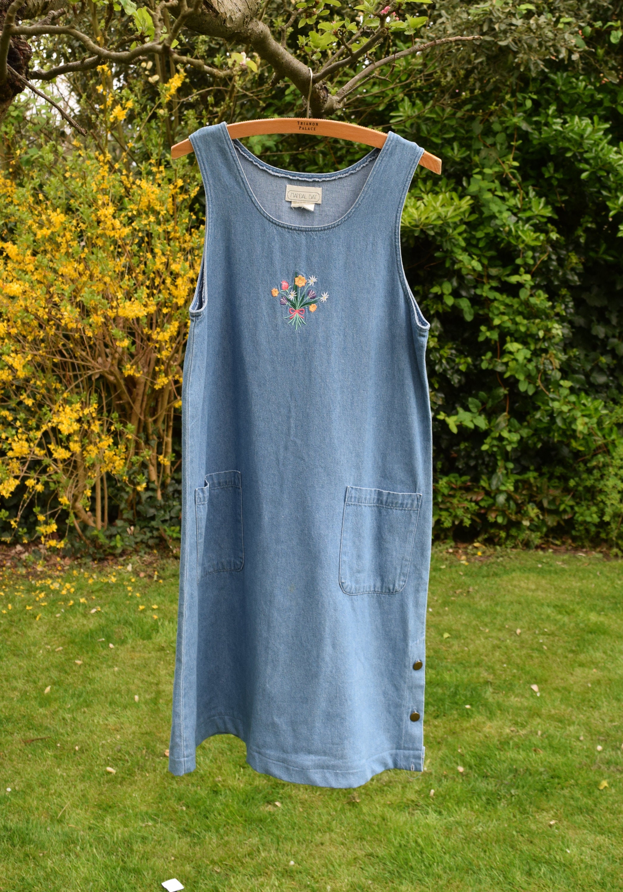 embroidered denim pinafore dress Mud Pie Children's Rainbow Floral Pinafore Set; 9-12M main image 1