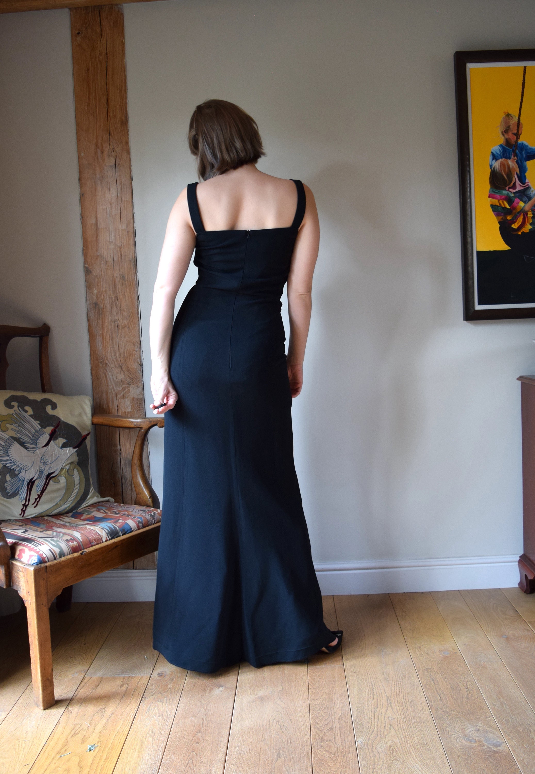 90s Valentino Black Evening Dress. Size IT 42. Crepe, Square Neck