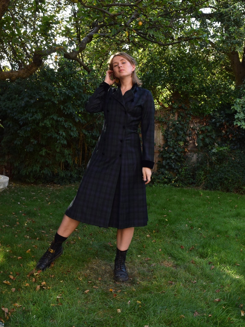 80s Laura Ashley Wool Coat-Dress. Size 10. Green Tartan, Midi image 2