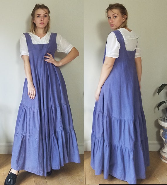 70s Laura Ashley Blue Maxi Pinafore Dress. Medium