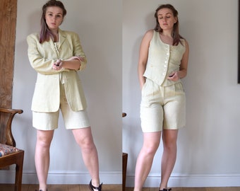 Vintage Mulberry Linen 3 Piece Summer Suit. Size 36. Waistcoat, Shorts, Blazer. Pale Green. 90s