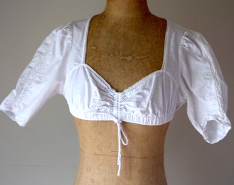 White Cotton Dirndl Blouse. Size 42. Cropped, Adjustable Neckline, Lace. Alpentrachten