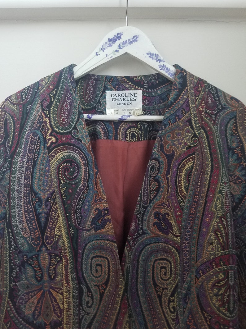 Cotton Red Purple 39 Chest Medium 80s Caroline Charles Paisley Blazer Longline Blue