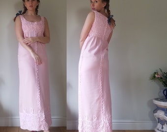 60s Jean Varon Empire Waist Dress. Small - 34" Chest. Regency, Column, Maxi, Pink, Ruffle. Pastel