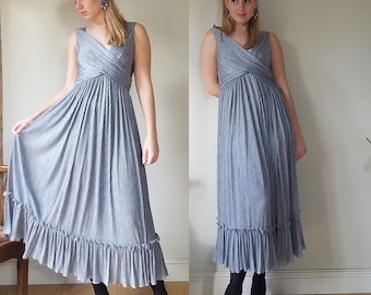 70s John Charles Pleated Jersey Dress. Medium. Grecian, Disco. Ruffle Hem. Midi. Wrap