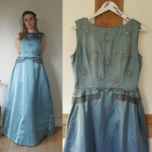 1950s Beaded Harvey Nichols Evening Gown. Medium - 31" Waist, 40" Chest.  Silver Blue, Fringed, Maxi, Party - Etsy