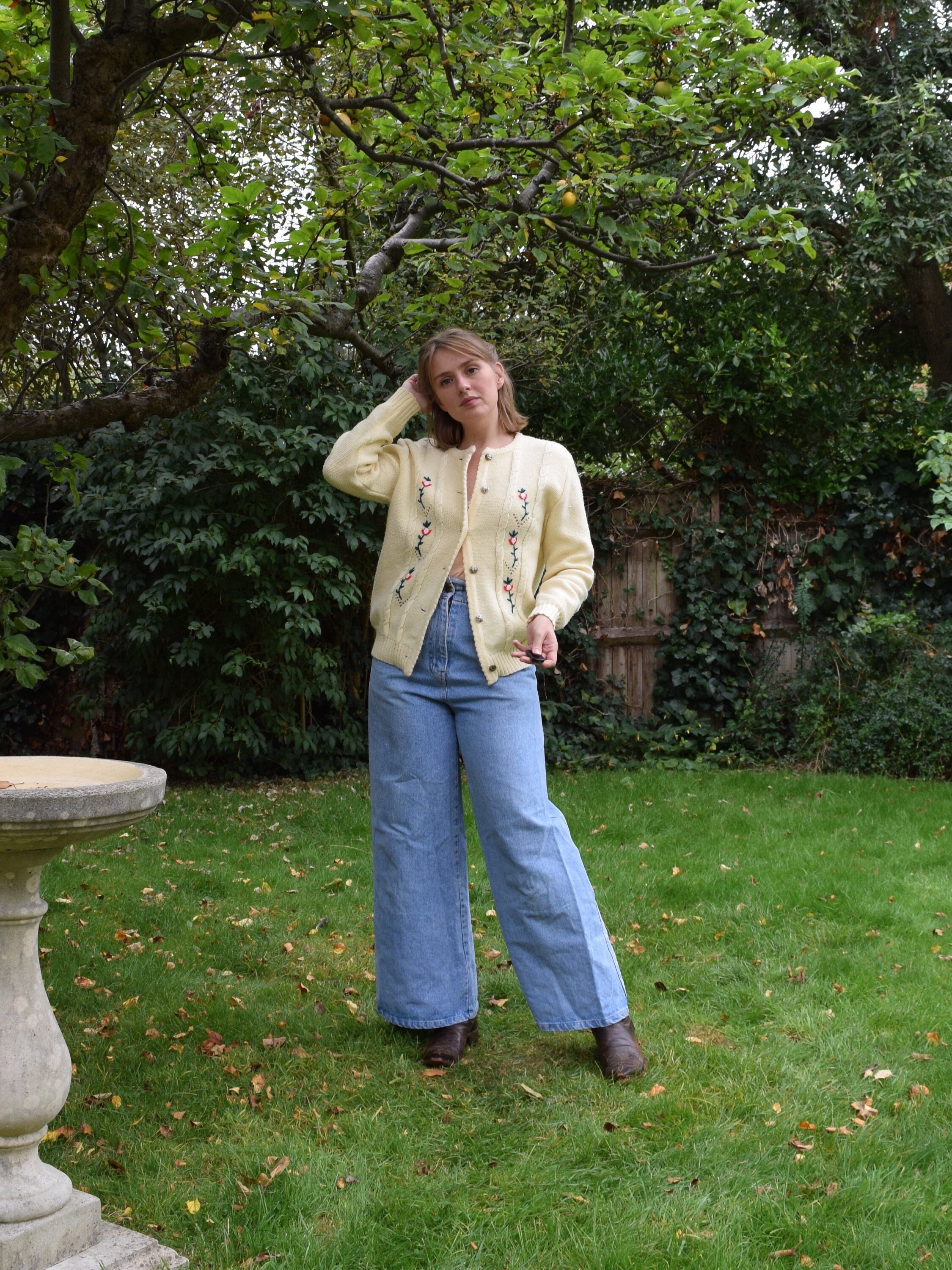 Vintage Hand Knitted Austrian Cardigan. Large / 42" Chest. White, Embroidered, Cable Knit