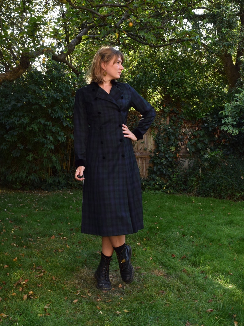 80s Laura Ashley Wool Coat-Dress. Size 10. Green Tartan, Midi image 1