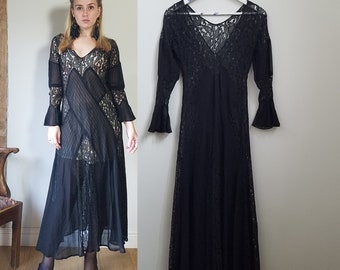 Antique 1930s Black Lace Midi Dress. Small - 28" Waist