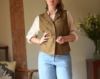 80s Laura Ashley Wool Tweed Waistcoat. Size 14. Brown, Vest