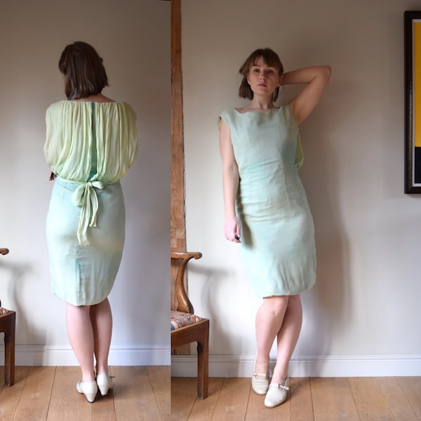 60s Hardy Amies Green Silk Dress. As Seen. Gathered Back, Shift Style