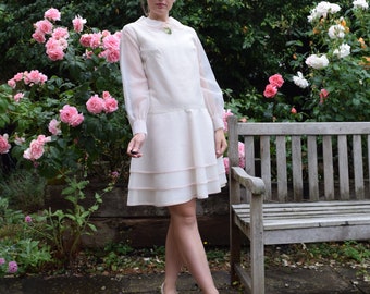 20s Style Vintage Dress. 36" Chest. Pastel Pink, Drop Waist, Silk Rose. Semi Sheer