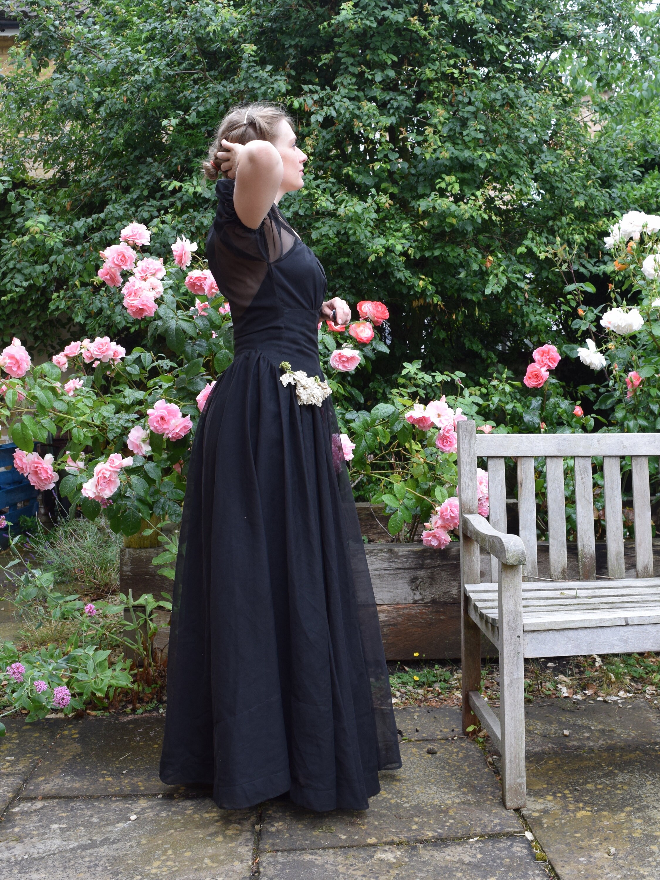 50s chiffon dress 1950s chiffon maxi with sheer sleeves and soft volume a story told in black and movement. . . . . . . . . . . . . . #50s #50sdress