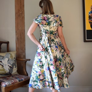 1940s Floral Evening Dress. 27 Waist. Gathered, Shawl Collar, Circle Skirt. image 3