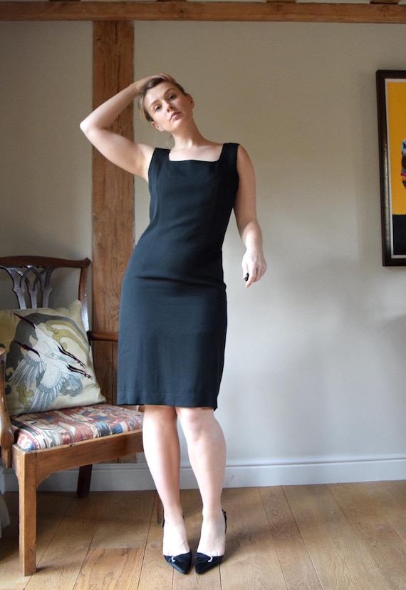 90s Jean Muir Black Shift Dress. UK 12. Square Neckline, Pencil Skirt 90s Jean Muir Black Shift Dress. UK 12. Square Neckline, Pencil Skirt
