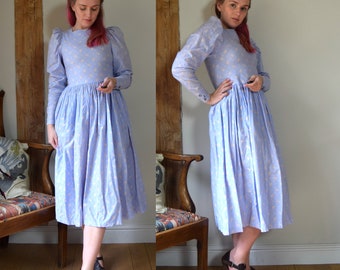 80s Laura Ashley Puff Sleeve Dress. UK size 10 / 29" Waist. Light Blue, Floral, Cotton