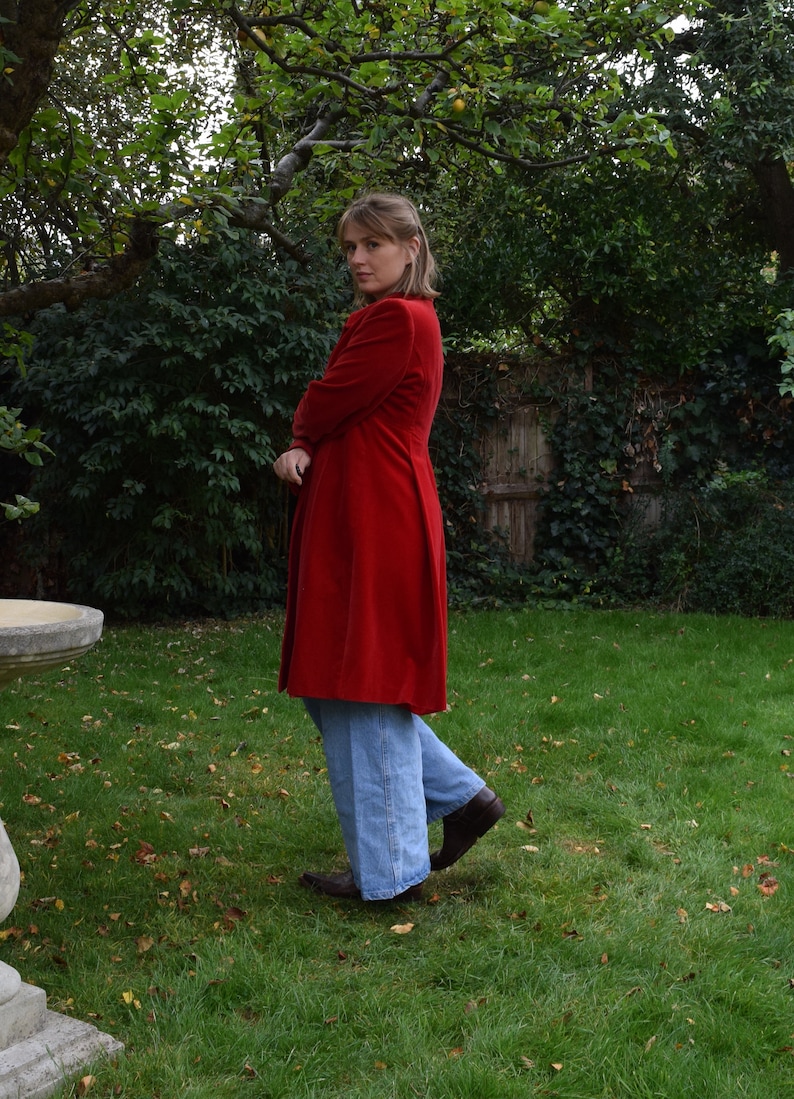 90s Valentino Jeans Red Velvet Coat. IT 44. Cotton, Flared, Empire Waist image 4