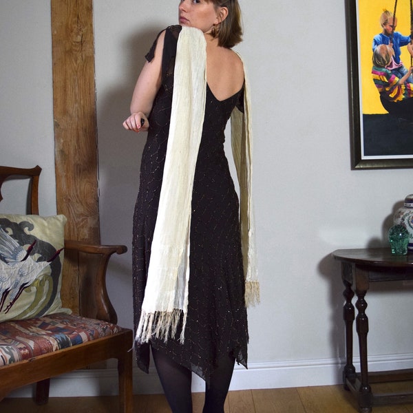 Antique White Fringed Opera Scarf, As Seen.