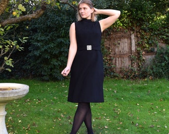 60s Hardy Amies Wool Crepe Dress with Diamante Buckle Harness. Size 12. A Line