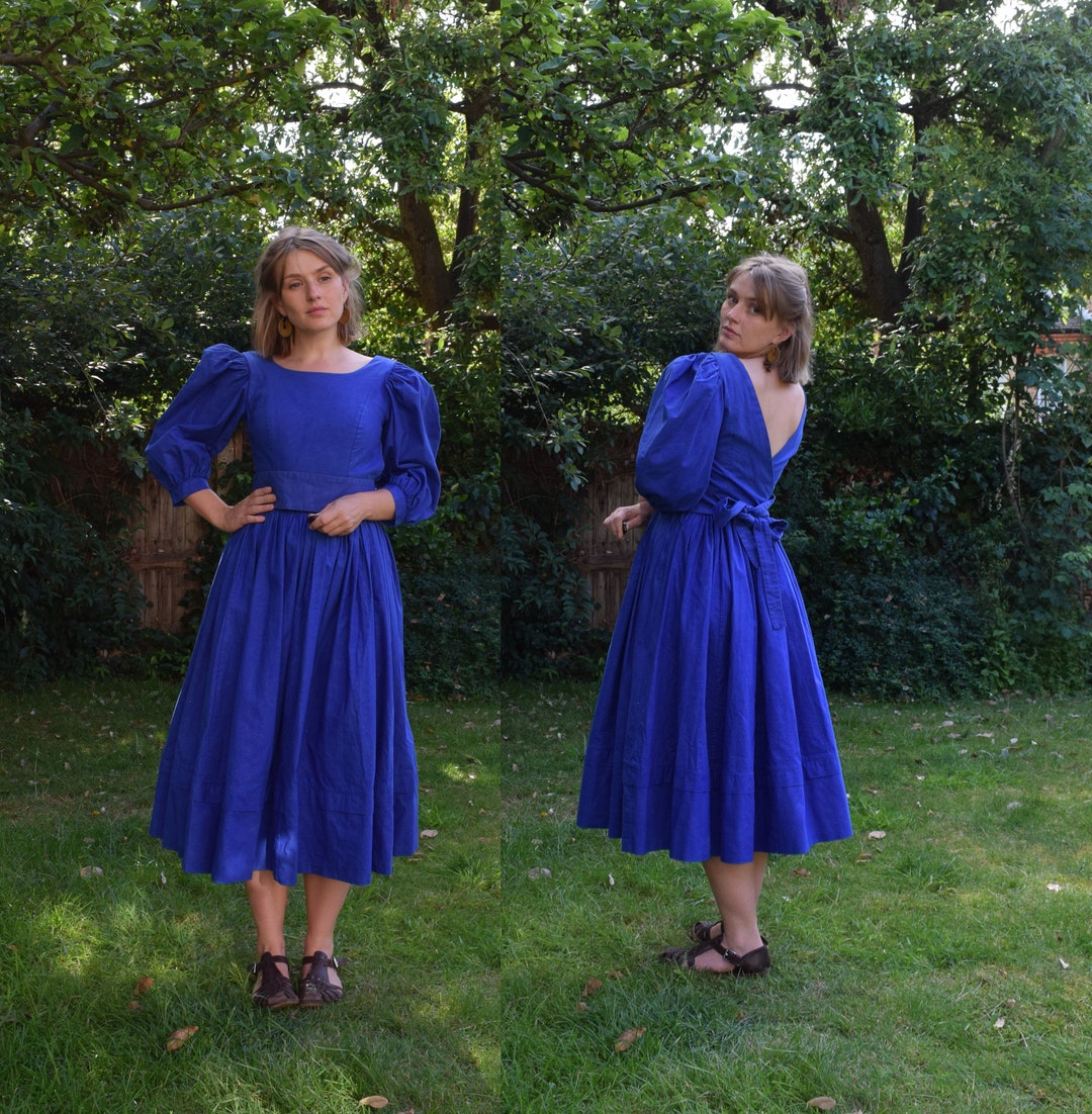 80s Cotton Laura Ashley Maxi Dress. 25 Waist / UK 8. Blue, Puff Sleeves ...