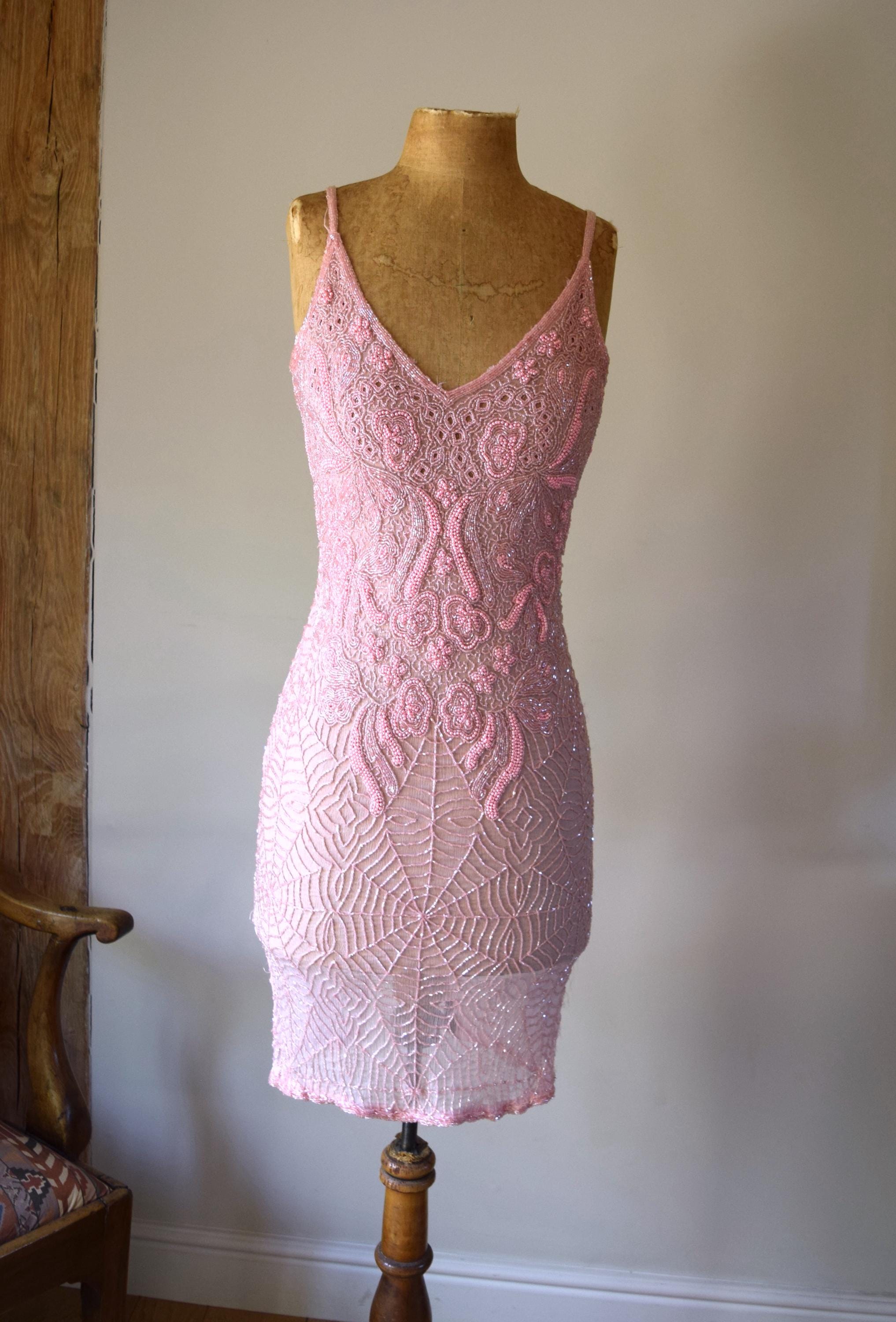 vintage pink beaded dress Incredible silk hand dress. Sheer, pink. 32
