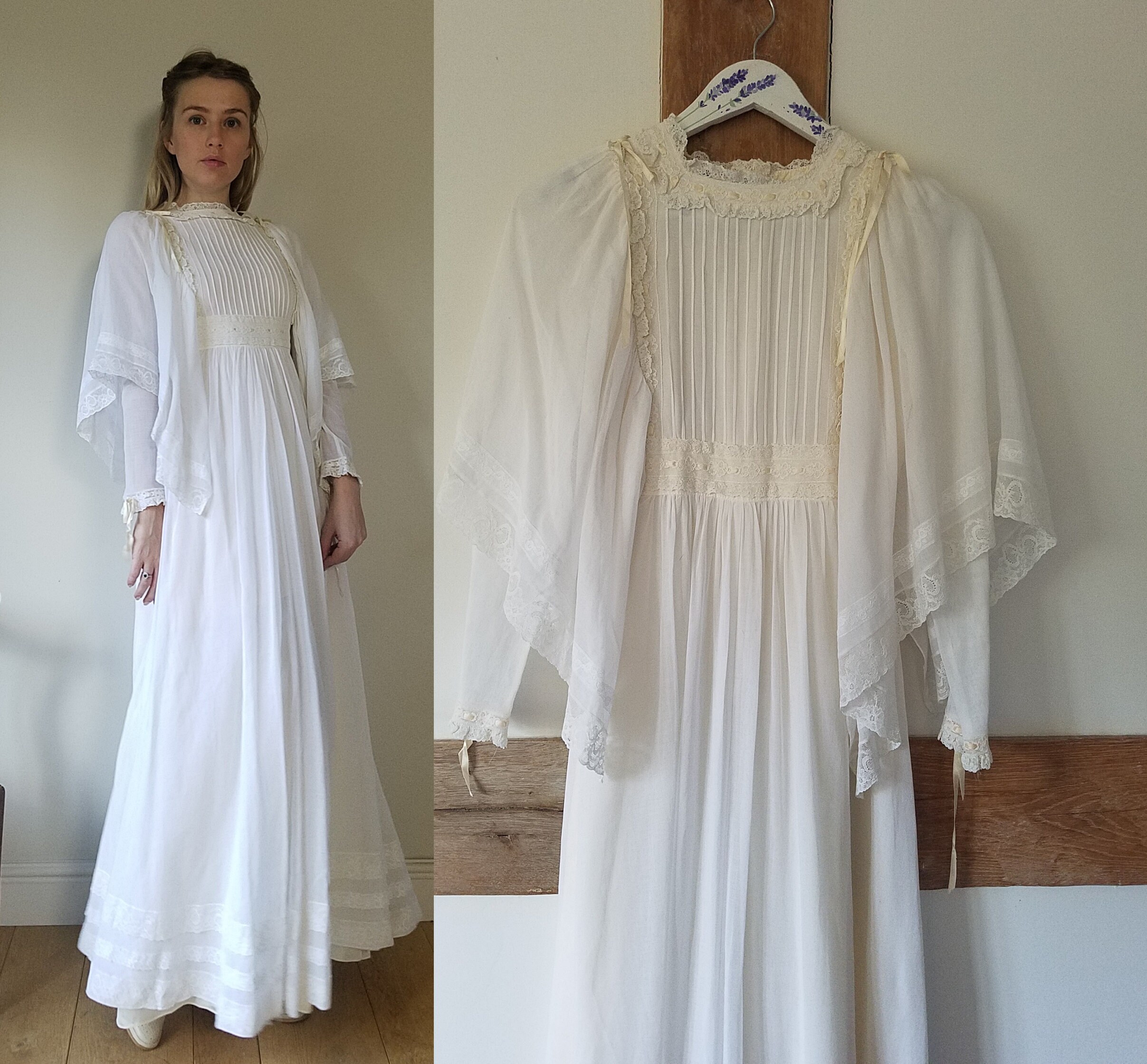 70s Gina Fratini Cotton Voile Maxi Dress. Size Small - 32" Chest. Lace, Ribbons, Butterly Sleeves