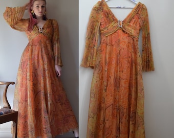 60s Susan Small Evening Dress. Small - 34" Chest. Psychedelic, Orange. Diamante Buckle, Pleated Sleeves.