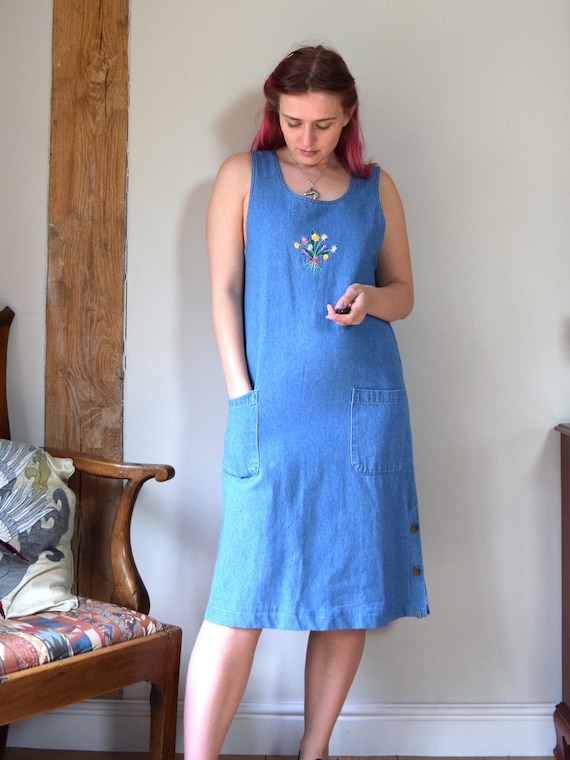 white christmas dresses Women Slit Denim Pinafore Dress With Large Pockets