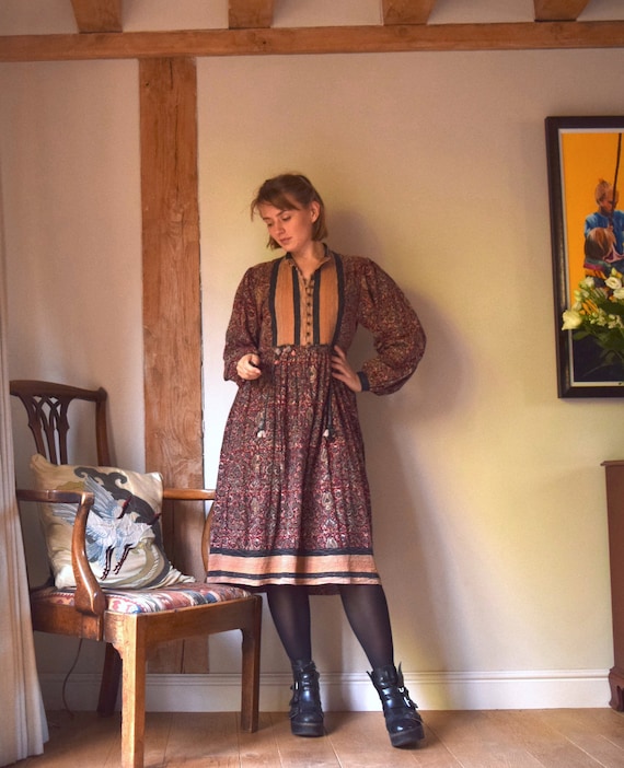 70s Phool Indian Cotton Dress. Size M. Paper Thin, Hand Block