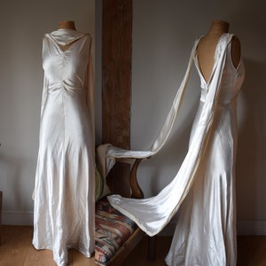 1930s Silk Satin Wedding Dress. 24" Waist. Bias Cut. Low Back with Draped Train